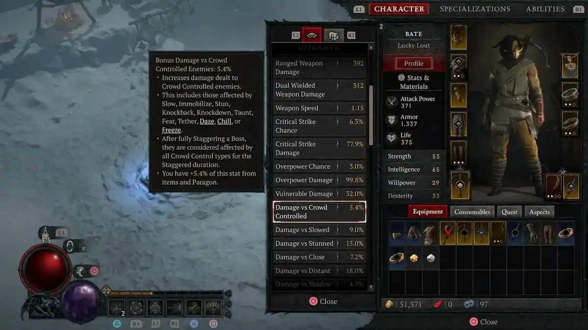 This screenshot from Diablo 4's character menu shows readers what the bonus stats against crowd-controlled enemies is.