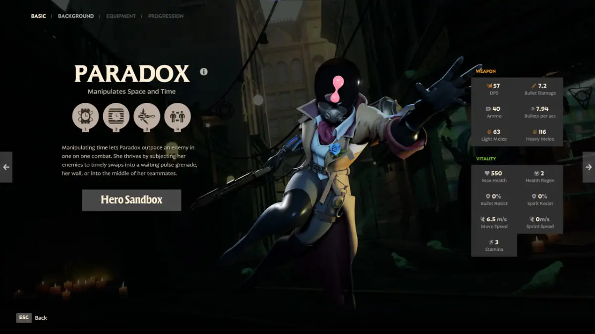 An image of Paradox and her abilities in Deadlock. This DPS can use time to deal damage and deflect bullets.