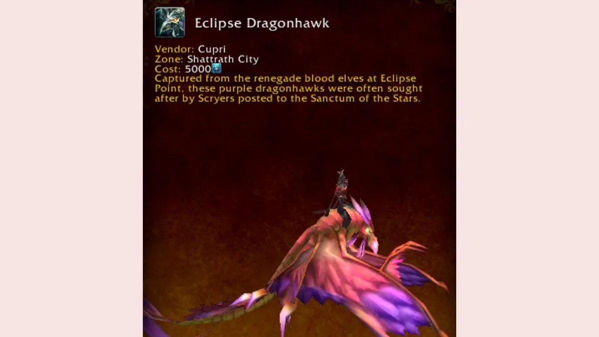 World of Warcraft mount journal showing the Eclipse Dragonhawk Timewarped mount.