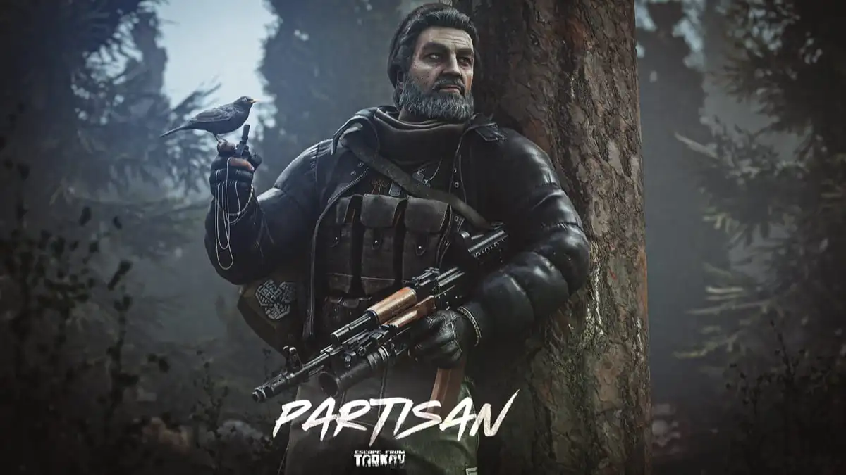 An image of the Partisan in Escape from Tarkov. The Partisan is a new boss, and is seen leaning on a tree while holding a small bird in his hand.