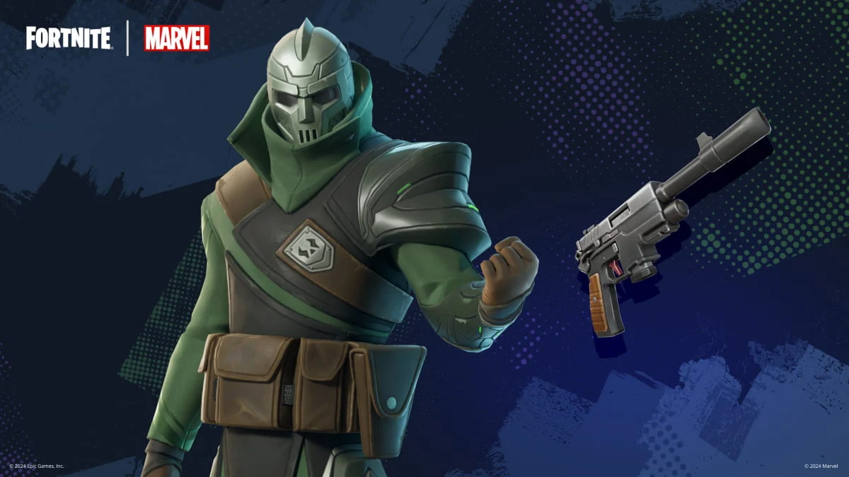 A teaser image for Doombot in Fortnite showing the character and a Monarch Pistol.