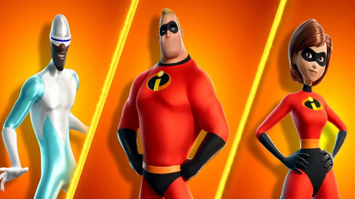 An image showing Frozone, Mr. Incredible, and Elastigirl from The Incredibles are coming to Fortnite.