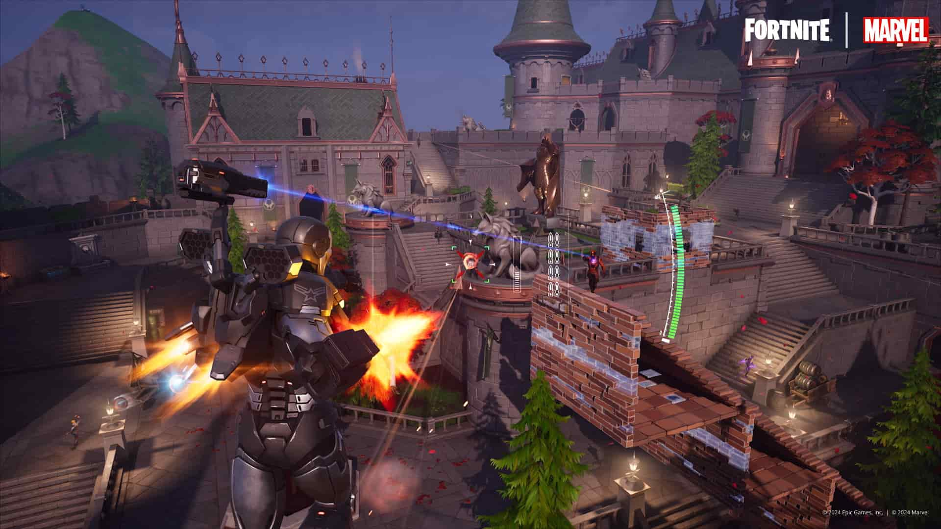 Picture showing War Machine launching a barrage of missiles and gunfire and also using Siphon Medallion to get health back in Fortnite.