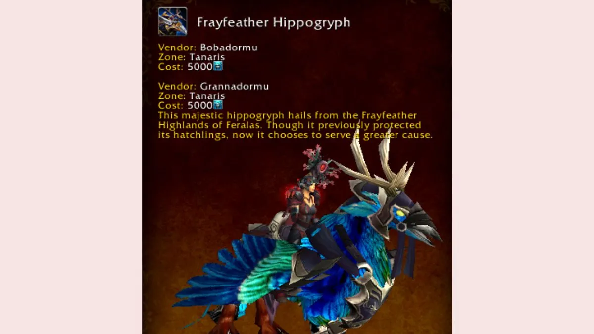 World of Warcraft mount journal showing the Frayfeather Hippogryph Timewarped mount.