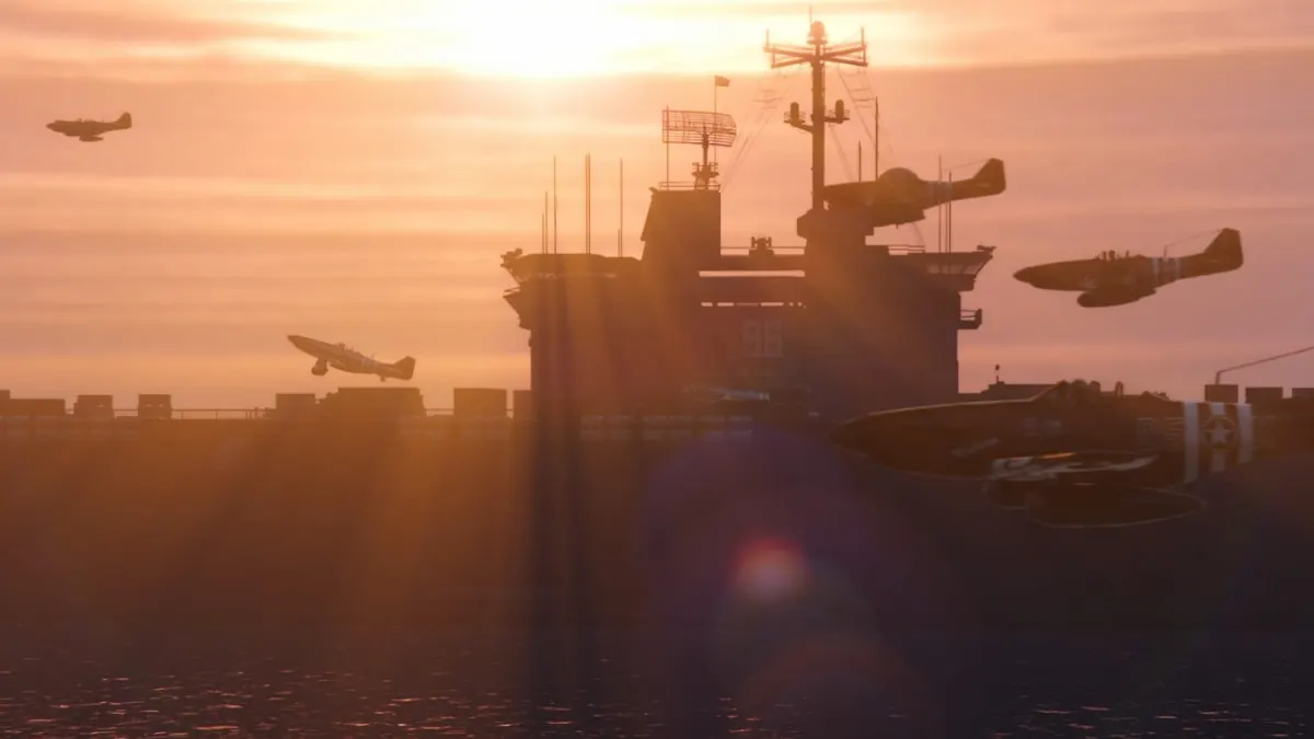 An image of the new Assault on ATT-16 adversary mode. This allows you to spawn on an aircraft carrier and battle against other players with military grade weapons. The photo shows several fighter jets flying past the aircraft carrier.