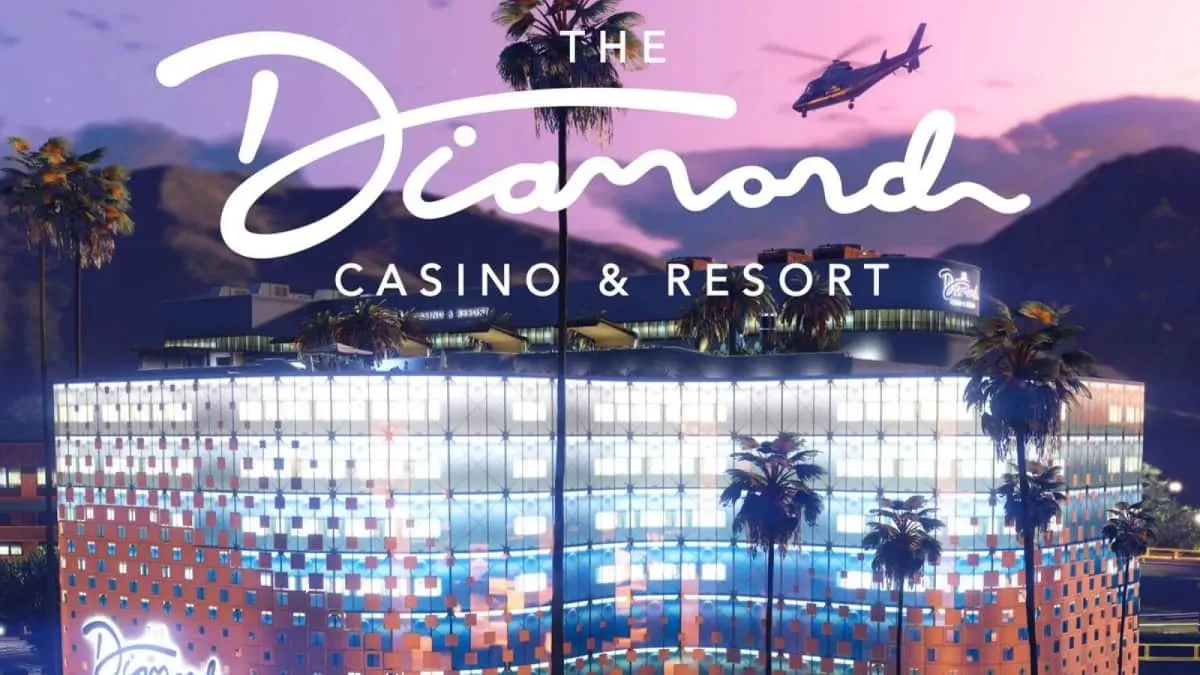 An image of the Diamond Casino and Resort from GTA Online. This massive glass building has a helicopter flying past and is decorated with palm trees.