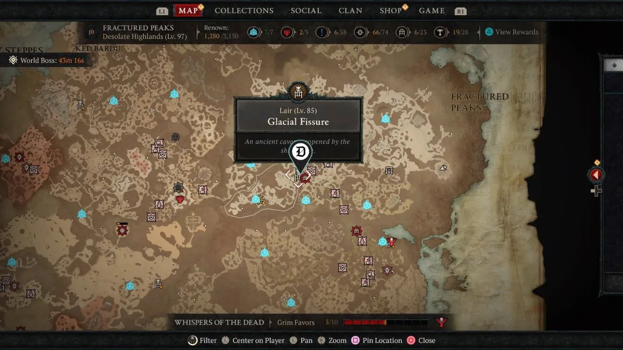 glacial fissure dungeon location mapped with a Dot Esports marker in Diablo 4