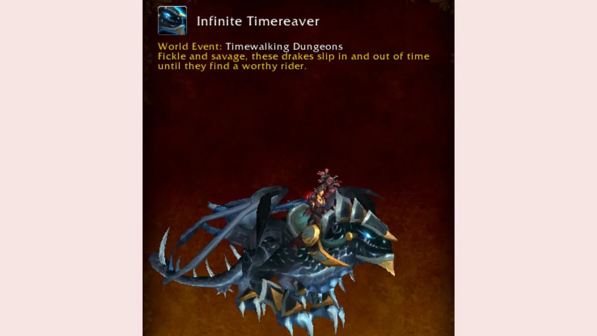 World of Warcraft mount journal showing the Infinite Timereaver Timewarped mount.