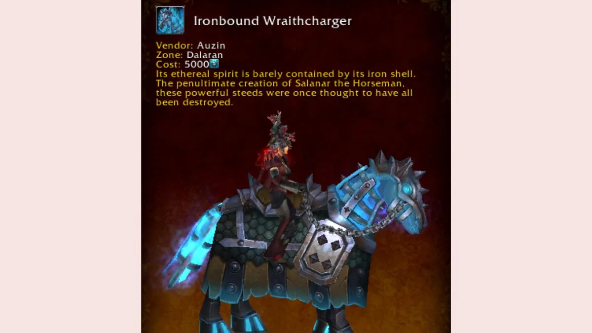 World of Warcraft mount journal showing the Ironbound Wraithcharger Timewarped mount.