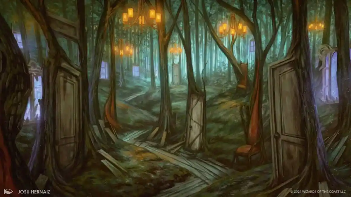 A haunted forest with chandalier lights and multiple wooden doors through Duskmourn MTG set