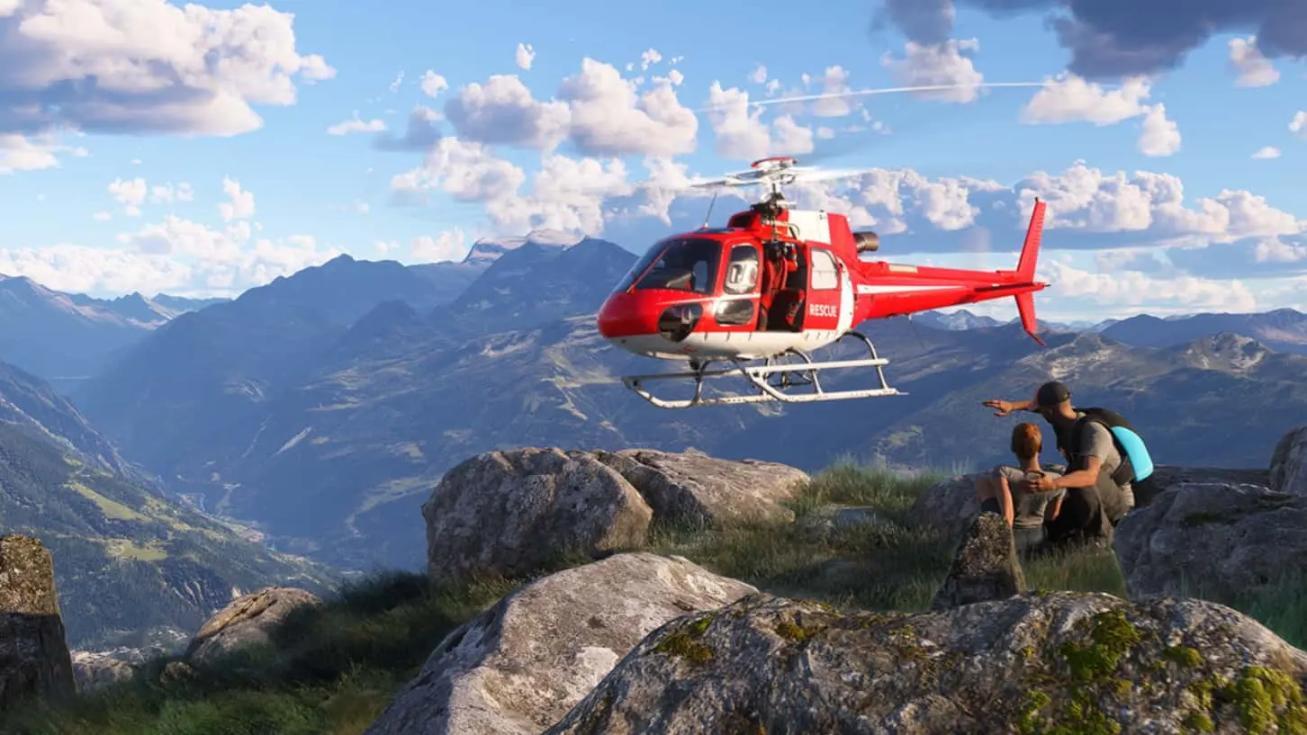 A rescue helicopter flying around a rocky terrain