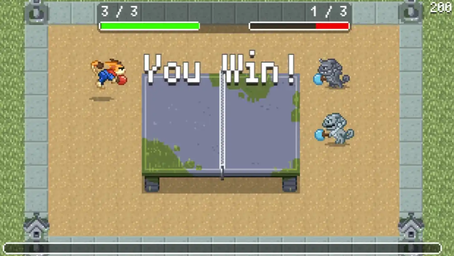 Texts says "you win" above a cat playing table tennis with two gargoyle-like creatures