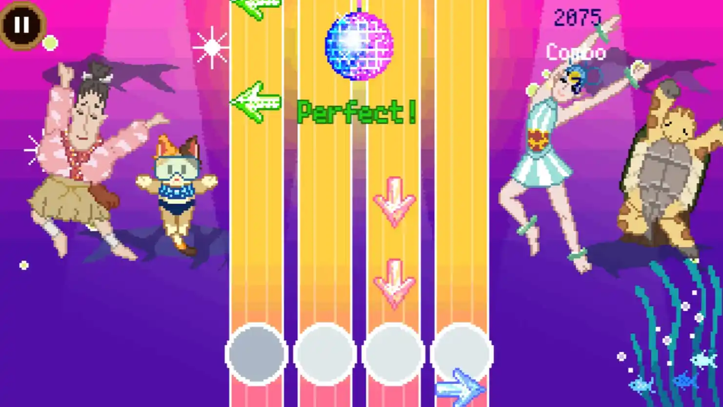 Four yellow lanes with arrows coming down them indicating which direction button the player should press. Characters dance in the background.