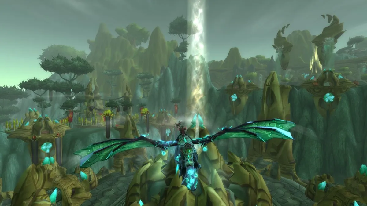 Shattrath city in World of Warcraft with player flying over it on a dragon.