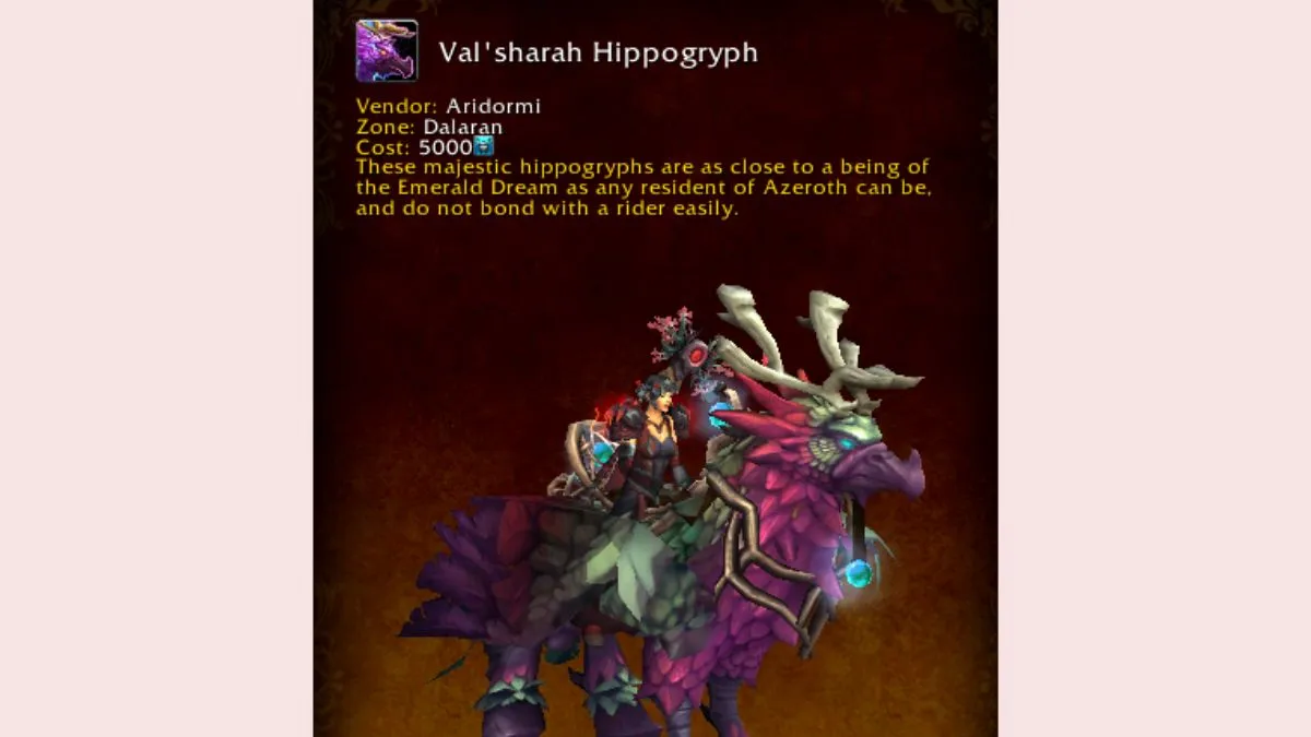 World of Warcraft mount journal showing the Val'Sharah Hippogryph Timewarped mount.