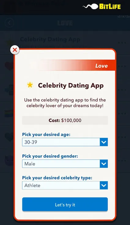 Picture showing the Celebrity Dating app in Bitlife.