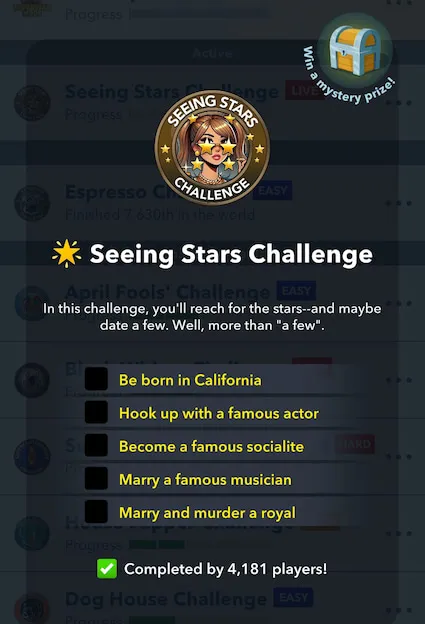 Picture showing the Seeing Stars challenge objectives in Bitlife.