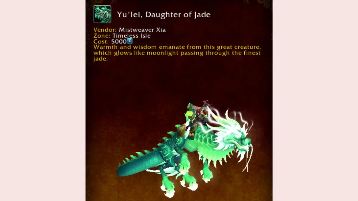 World of Warcraft mount journal showing the Yu'Lei Daughter of Jade Timewarped mount.