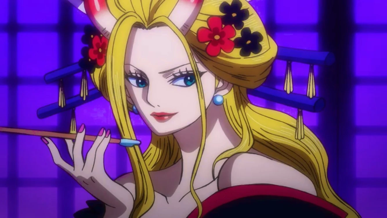 Black Maria from One Piece thinks about her next move while holding a pen in Wano Country.