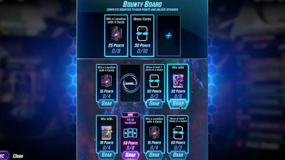 Marvel Snap Alliance Bounty Board with various bounties