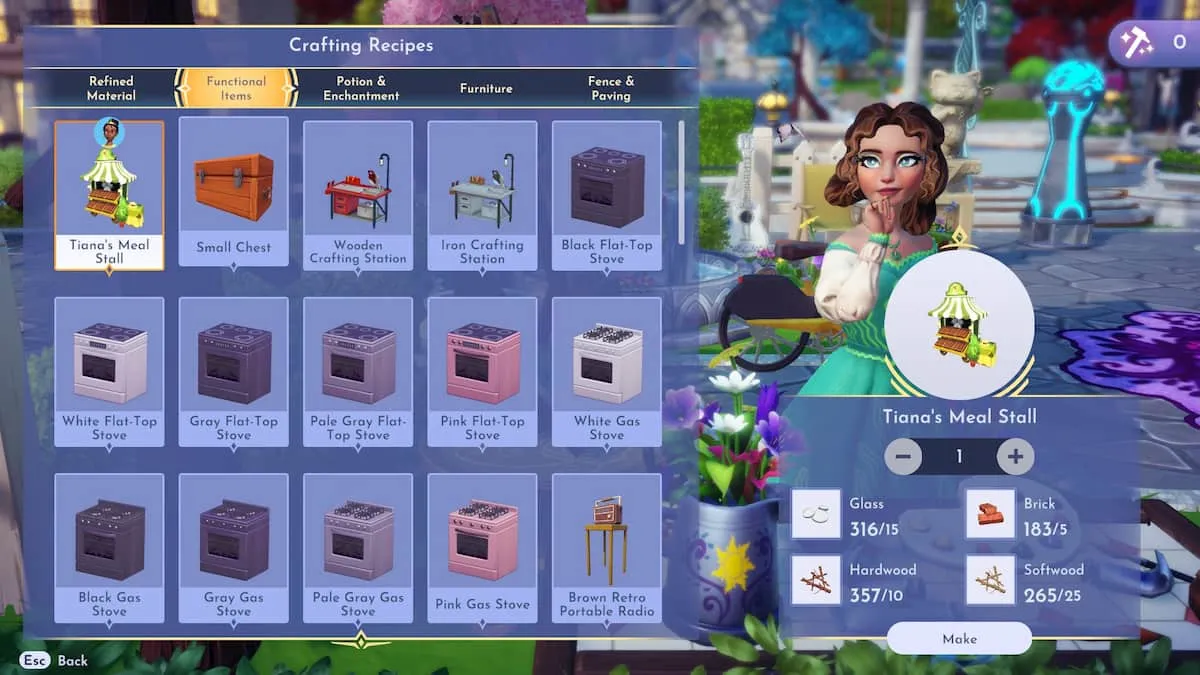 Crafting Tiana's Meal Stall in Disney Dreamlight Valley.