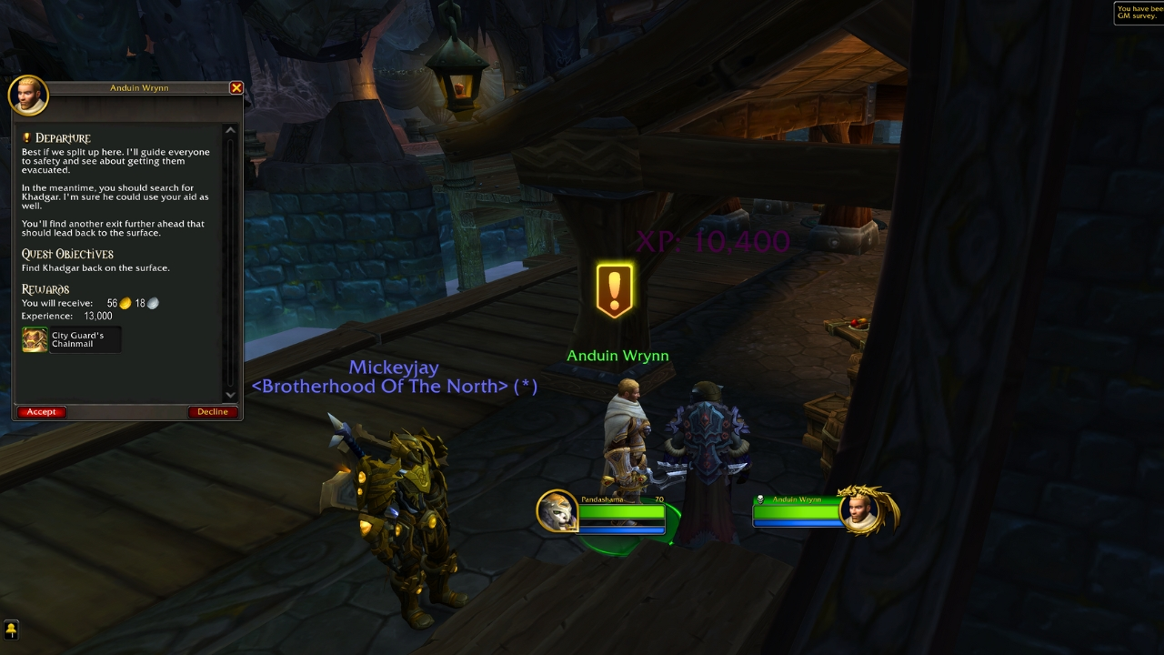 Player standing in a dark sewer accepting the Departure quest from Anduin