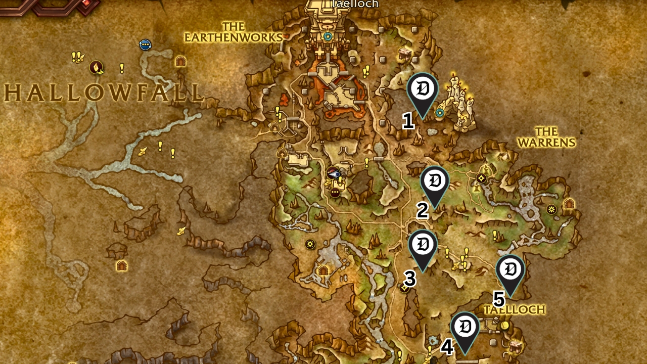 Five Dot Esports markers showing the mapped location for every gem for dusty prospectors chest wow the war within