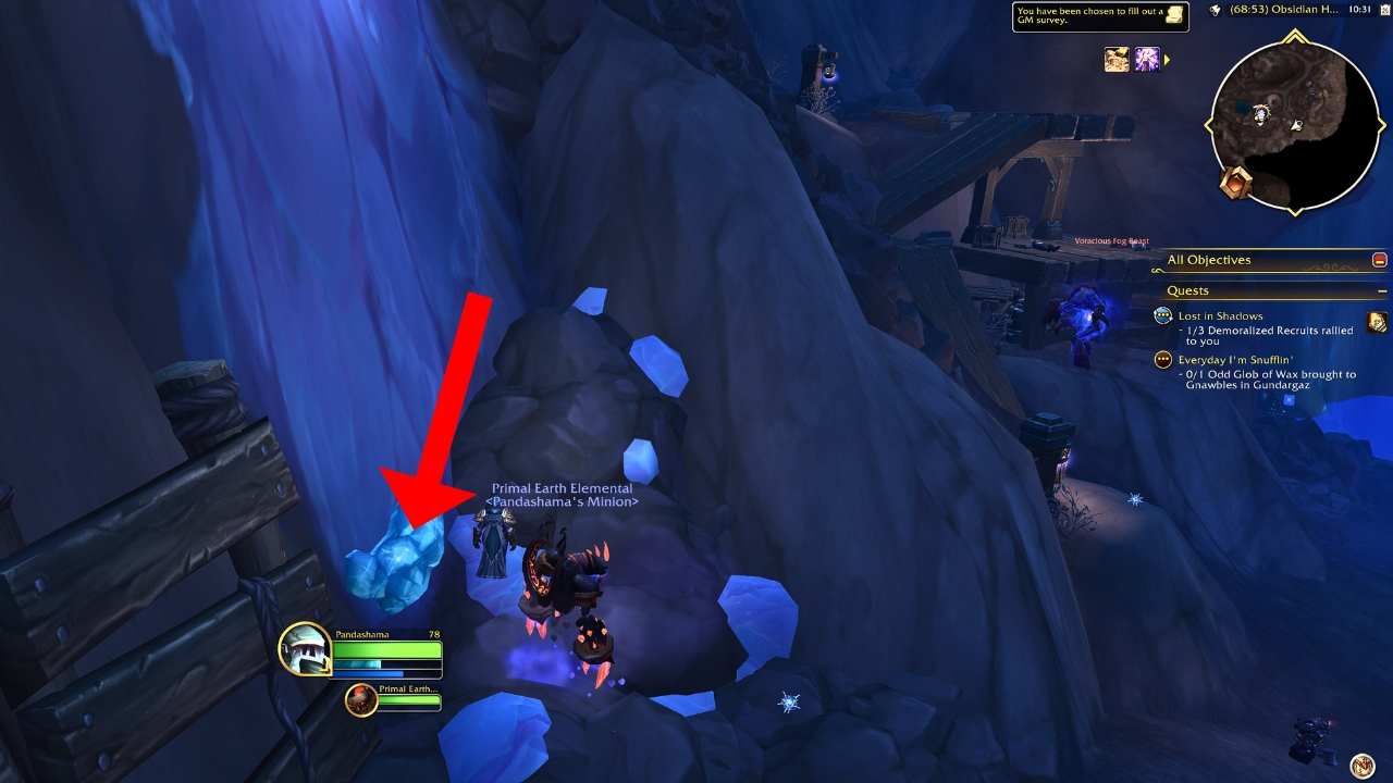 A red arrow pointing to the diamond for dusty prospectors chest wow the war within