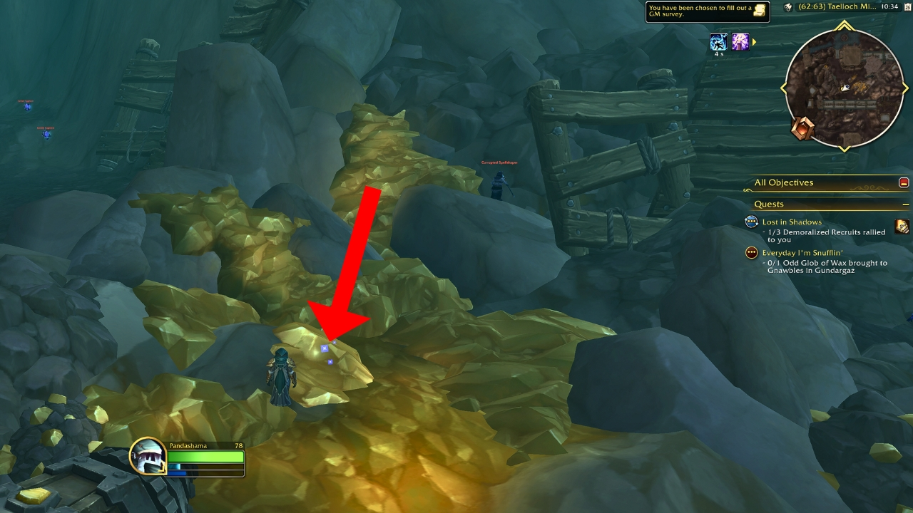 A red arrow pointing to the topaz gem for dusty prospectors chest wow the war within