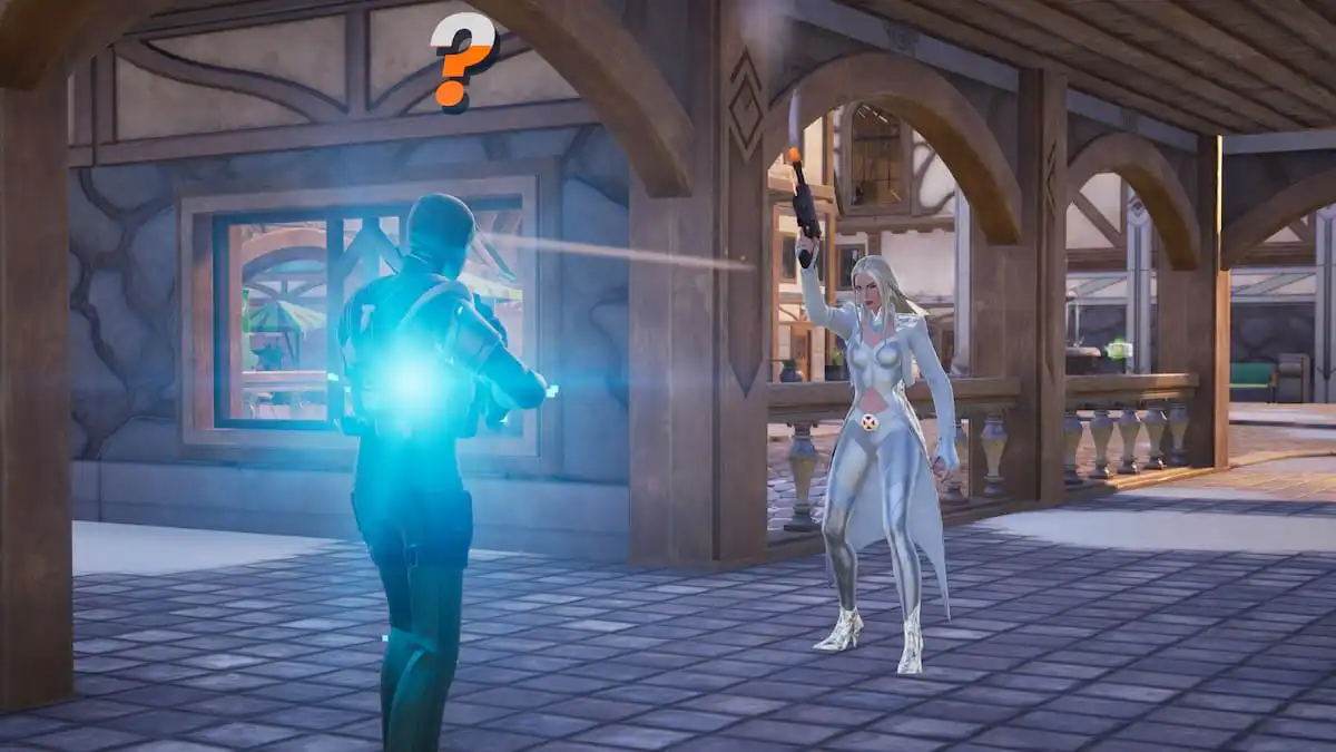 Emma Frost shooting a headshot against one of Doom's henchmen in Fortnite.