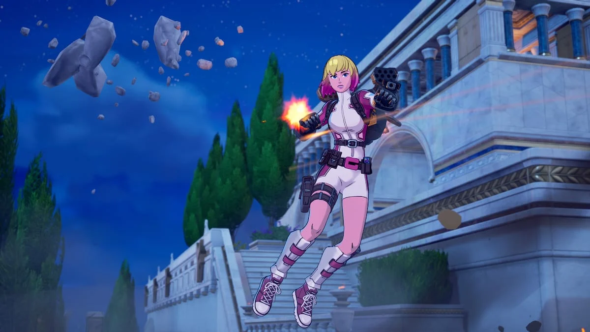 Gwenpool using War Machine weapons in Fortnite.