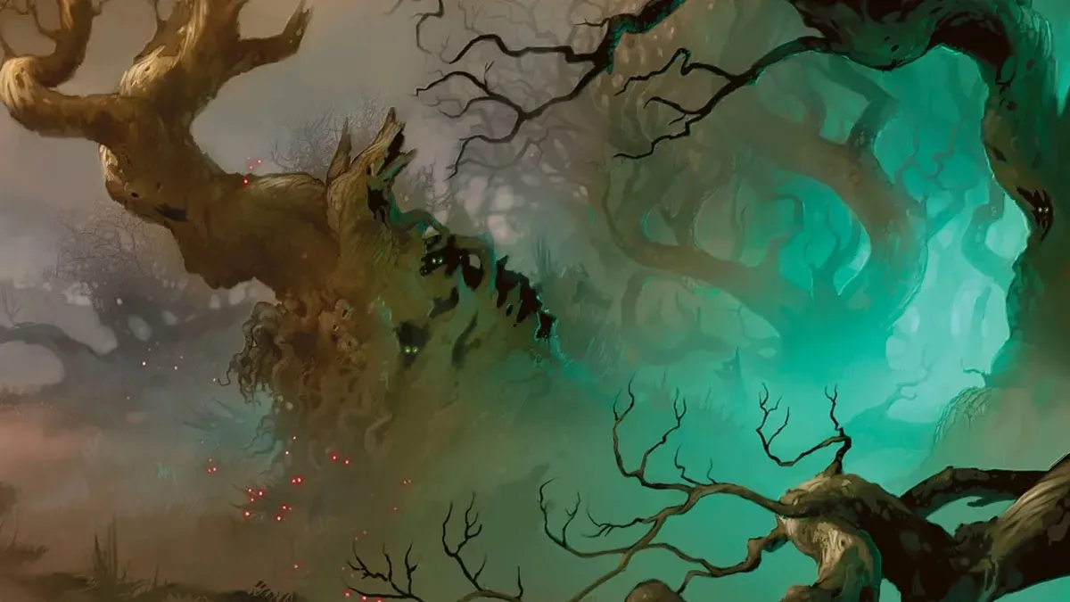 A selection of trees, each darker and more mangled than the previous, in MTG.