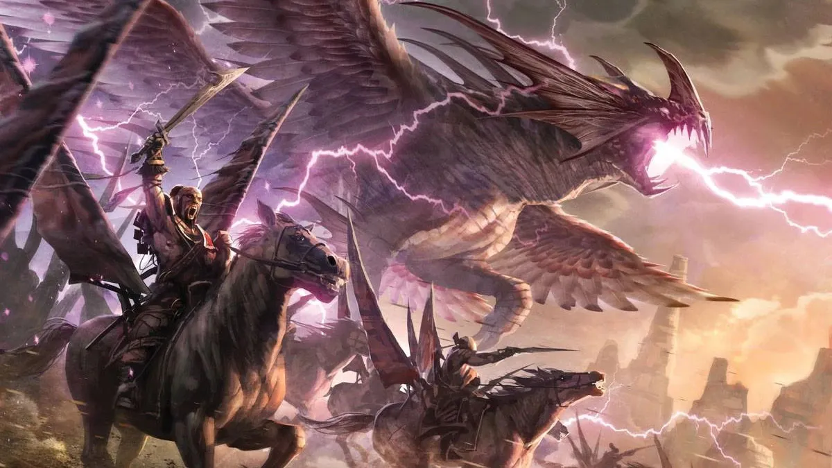 A dragon breathes purple lightning as an army rides into battle in MTG.