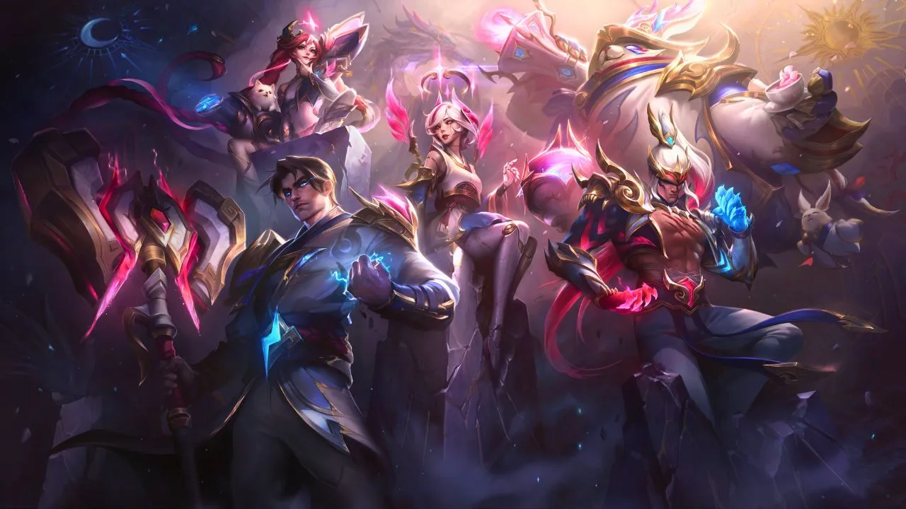 Kayce, Orianna, Jinx, Lee Sin, and Bard standing in their pink and blue T1 2023 worlds skins