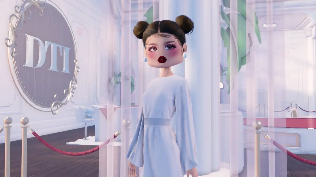 Princess Leia wearing a white dress and brown space buns white standing in front of the DTI logo.