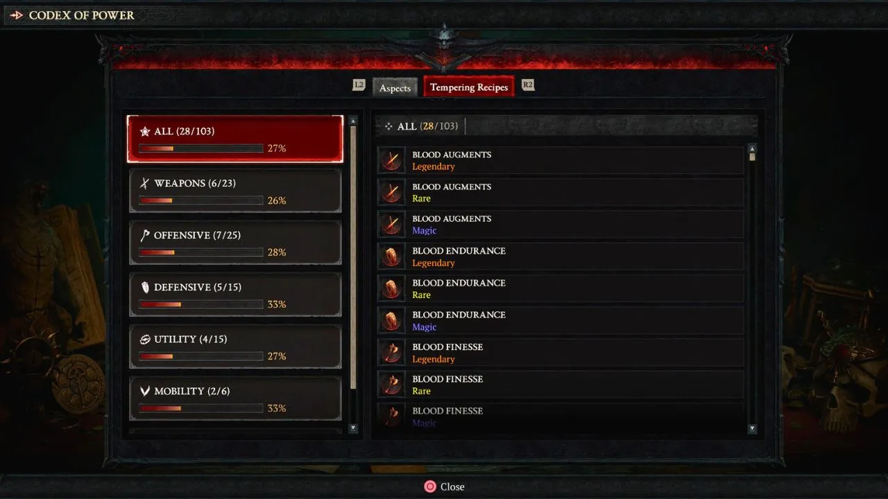 A list of available learned Temper recipes in Diablo 4 season five