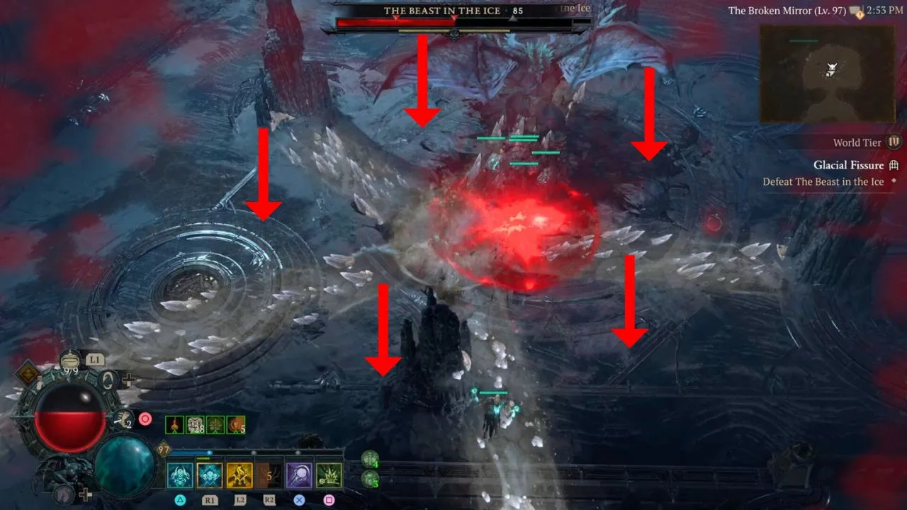 five arrows pointing to the safe zones during the beast in the ice's star-shaped ice attack in diablo 4