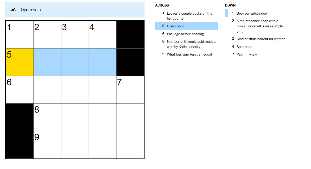 A screenshot of today's New York Times Mini Crossword with a highlighted clue.