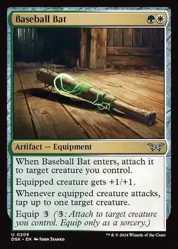 Wooden bat on wooden floor with spikes wrapped around it and glowing green magic in Duskmourn MTG Set