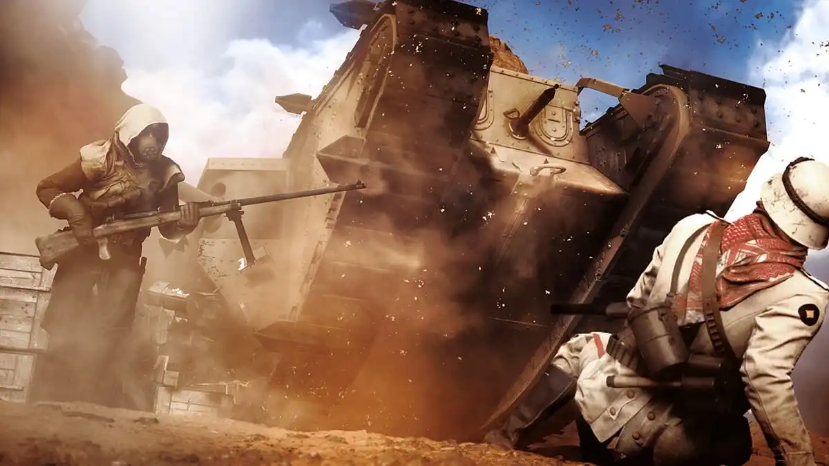 A tank charging through the battlefield with an allied soldier beside it and an enemy soldier in front of it in Battlefield 1