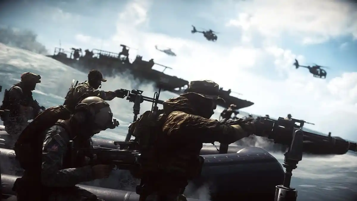 Soldiers on a boat firing their machine guns with ships and helicopters in the background in Battlefield 4