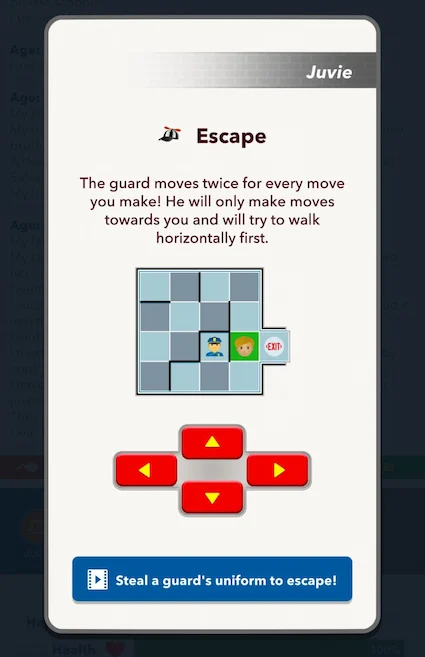 Picture showing the Juvie escape mini game to get out of the Juvie in Bitlife.