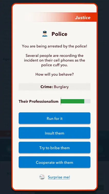 Picture showing a Bitlife player getting arrested by the police where they make a run for it.