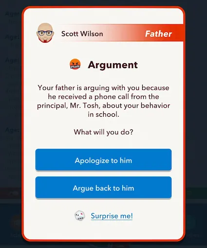 Picture showing your father arguing with you for the Scavenger Hunt in Bitlife.