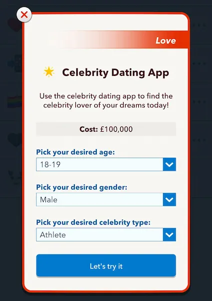 Picture showing the Celebrity Dating app to date athletes in  Athletic Supporter challenge in Bitlife.