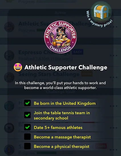 Picture showing the requirements to complete the  Athletic Supporter challenge in Bitlife.