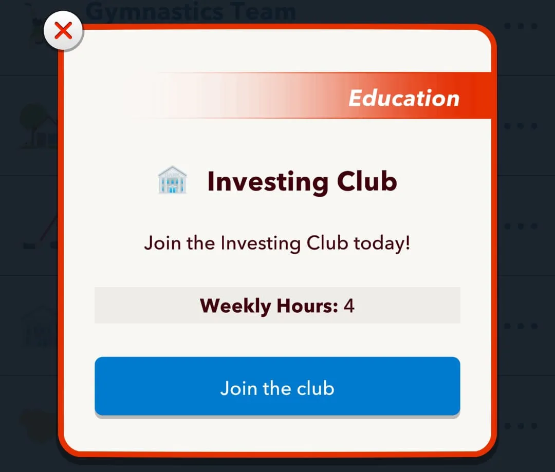 Picture showing the Investing club in Bro Athlete challenge while playing Bitlife.