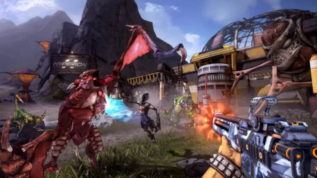 Characters fighting off dragons and other mythical-style enemies in Borderlands 2 promo image