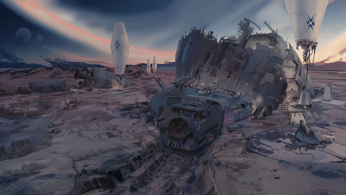 Concept art from Codename: Apollo in Destiny 2 shows a ship graveyard with two downed spaceships and mysterious baloon-like structures floating above them.