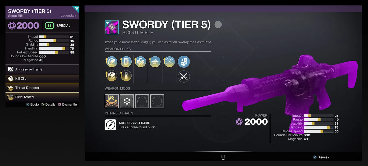 A placeholder "Swordy" weapon in D2 at max tier, showing it has enhanced perks and extra attributes.